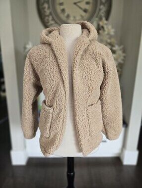 Aéropostale Women’s Sherpa Fleece Hooded Cardigan Beige Cozy Jacket M